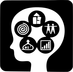 Mark 100: Head in profile on a black rounded square holding five circles with a spiral, a building, two people and a chart. Faces, designed by Tomoko Miho; George Nelson & Co., Inc. for Creative Playthings, Inc. Trademarks & Symbols Vol. 2, Kuwayama, 1973.
