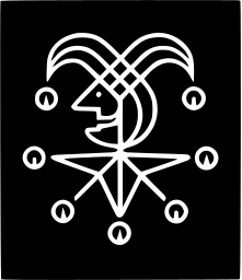Mark 101: White line jester head with horned cap and a star of bells on a black square. Faces, designed by Peter Schmidlin. Trademarks & Symbols Vol. 2, Kuwayama, 1973.