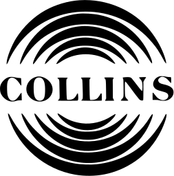 Mark 1020: Word COLLINS across a disc of curved arcs spreading out above and below. Circles, designed by Ken Parkhurst for Collins Radio Company. Trademarks & Symbols Vol. 2, Kuwayama, 1973.