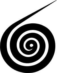 Mark 1024: Spiral coil with a long thin tail sweeping to the upper right. Circles, designed by Takashi Kono. Trademarks & Symbols Vol. 2, Kuwayama, 1973.