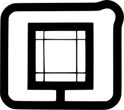 Mark 1085: Square window pane inside a thick looping frame with a stem. Rectangles, designed by Peter Ray for Film Center Photo Unit. Trademarks & Symbols Vol. 2, Kuwayama, 1973.