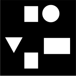 Mark 1095: White squares, a circle, a triangle and a rectangle scattered on black. Rectangles, designed by Helmut Lortz for Novum. Trademarks & Symbols Vol. 2, Kuwayama, 1973.