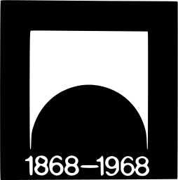 Mark 1099: Black half dome in a white arch above the years 1868 to 1968. Rectangles, designed by Shigeo Fukuda for Project. Trademarks & Symbols Vol. 2, Kuwayama, 1973.