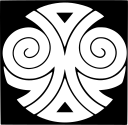 Mark 1119: Mirrored pair of white spirals in a symmetrical ornament. Rectangles, designed by Giulio Confalonieri for Nepentha. Trademarks & Symbols Vol. 2, Kuwayama, 1973.