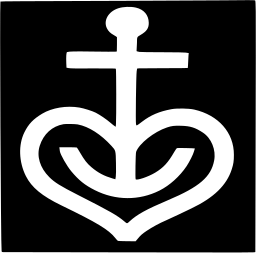 Mark 1123: White anchor cross over a heart on a black square. Rectangles, designed by Helmuth Kurtz. Trademarks & Symbols Vol. 2, Kuwayama, 1973.