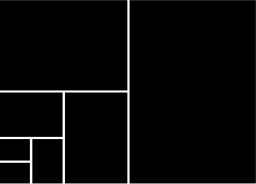 Mark 1126: Rectangle subdivided into smaller squares like a golden ratio grid. Rectangles, designed by Luigi Montaini+Till Neuburg for Graphis. Trademarks & Symbols Vol. 2, Kuwayama, 1973.