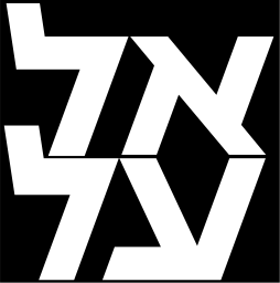 Mark 1128: Hebrew letters in bold white strokes on a black square. Rectangles, designed by Otto H. Treumann for EL AL Israel Airlines. Trademarks & Symbols Vol. 2, Kuwayama, 1973.