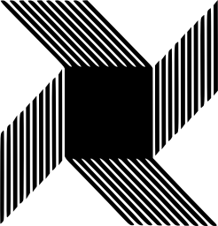 Mark 1155: Solid square with four fans of fine stripes folding outward. Triangles, designed by Carlo Bruni. Trademarks & Symbols Vol. 2, Kuwayama, 1973.