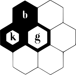 Mark 1228: Honeycomb of hexagons with the letters b, k and g in three black cells. Polygons, designed by Hermann Eidenbenz. Trademarks & Symbols Vol. 2, Kuwayama, 1973.