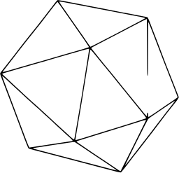 Mark 1237: Thin line polyhedron drawn as a triangle faceted wireframe. Polygons, designed by Geoge Tscherny for Robert Zeidman Assoc. Inc. Trademarks & Symbols Vol. 2, Kuwayama, 1973.