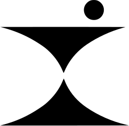 Mark 1258: Two curved horns meeting at a pinch like an hourglass with a dot above. Curves, designed by Gerald Bern for Gilson Pharmaceuticals. Trademarks & Symbols Vol. 2, Kuwayama, 1973.