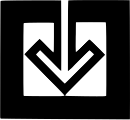 Mark 1300: Chevron arrow pointing down inside a notched frame. Arrows, designed by Ferdi Afflerbach for Vereinigte Schweizerische Rheinsalinen. Trademarks & Symbols Vol. 2, Kuwayama, 1973.