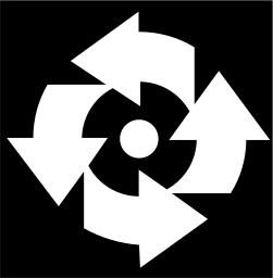Mark 1303: Four white arrows chasing each other around a round centre. Arrows, designed by Hans Neuburg. Trademarks & Symbols Vol. 2, Kuwayama, 1973.