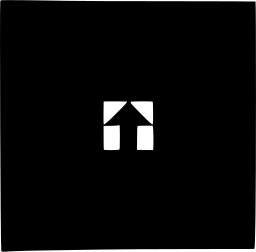 Mark 1304: Tiny white house with an up arrow on a large black square. Arrows, designed by Pino Tovaglia for Associazione Per il Disegno Industriale. Trademarks & Symbols Vol. 2, Kuwayama, 1973.