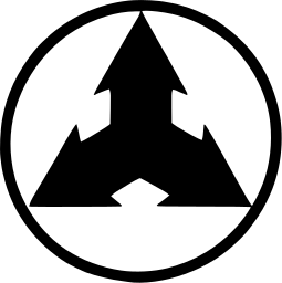 Mark 1331: Black triple arrow branching upward and outward inside a thin ring. Arrows. Trademarks & Symbols Vol. 2, Kuwayama, 1973.