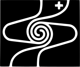 Mark 135: Black square with a white winding ribbon that spirals at the center and a small plus at the corner. Eyes, designed by Roger-Virgile Geiser for Schweizerische. Trademarks & Symbols Vol. 2, Kuwayama, 1973.