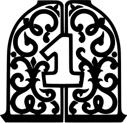 Mark 1350: Number one inside an arched frame of ornate scrollwork. Numerals, designed by Tom Carnase+Roger Ferriter+Len Johnson for Metromedia. Trademarks & Symbols Vol. 2, Kuwayama, 1973.