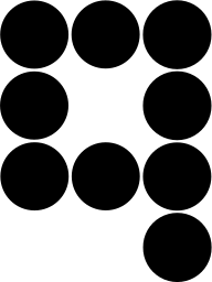 Mark 1386: Digit nine built from nine solid circles. Numerals, designed by Kyuyo Kajino for Kyuyo Kajino. Trademarks & Symbols Vol. 2, Kuwayama, 1973.