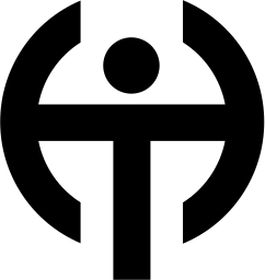 Mark 14: Black ring split in two with a round headed figure on a T shaped body inside. Human figures, designed by Adolf Flückiger. Trademarks & Symbols Vol. 2, Kuwayama, 1973.
