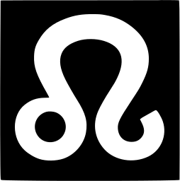 Mark 1423: White Leo zodiac glyph with a dot and loops on a black square. Signs, designed by Helmut Kurtz for Apotheke Ehrensperger. Trademarks & Symbols Vol. 2, Kuwayama, 1973.