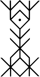 Mark 1428: Thin line glyph of stacked diamonds and arrows like a rune. Signs, designed by Makoto Wada for Shinichi Kusamori. Trademarks & Symbols Vol. 2, Kuwayama, 1973.