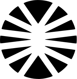 Mark 1436: Black disc cut by white radial bands that fan out to the left and right. Sino-Japanese ideographs. Trademarks & Symbols Vol. 2, Kuwayama, 1973.
