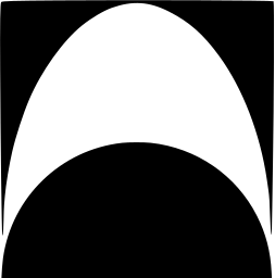 Mark 1438: Black block with a tall white arch above a solid half dome. Sino-Japanese ideographs, designed by Hiroshi Ochi for Komeito. Trademarks & Symbols Vol. 2, Kuwayama, 1973.