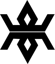 Mark 1444: Two small diamonds on a zigzag bar, pointing up and down. Sino-Japanese ideographs, for Iwate Prefecture. Trademarks & Symbols Vol. 2, Kuwayama, 1973.