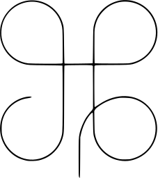 Mark 1453: Thin line looping into four open petals around a crossing stem. Sino-Japanese ideographs, designed by Takeshi Ohtaka for Hanataba. Trademarks & Symbols Vol. 2, Kuwayama, 1973.