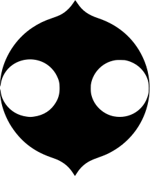 Mark 1456: Black drop shape with two large round white eyes. Sino-Japanese ideographs, designed by Hiromu Hara for Chukyo Mutual Finance Bank. Trademarks & Symbols Vol. 2, Kuwayama, 1973.
