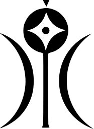 Mark 1474: Stemmed bud between two thin crescent moons. Sino-Japanese ideographs, designed by Isao Kodama for Japan Monopoly Corporation. Trademarks & Symbols Vol. 2, Kuwayama, 1973.