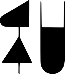 Mark 1479: Arrow and triangle on a thin stem beside a tall rounded bar. Japanese syllabary, katakana, designed by Hiroshi Ochi for Wako. Trademarks & Symbols Vol. 2, Kuwayama, 1973.
