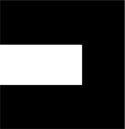 Mark 1485: Bold katakana character ko drawn as a heavy square bracket. Japanese syllabary, katakana, for Kosuga. Trademarks & Symbols Vol. 2, Kuwayama, 1973.