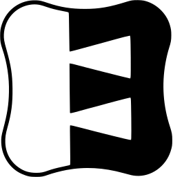 Mark 1492: White boxy character on black inside a rounded bone shaped outline. Japanese syllabary, katakana, designed by Ryuichi Yamashiro for Yoshii Gallery. Trademarks & Symbols Vol. 2, Kuwayama, 1973.