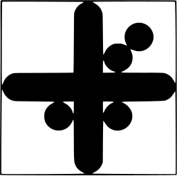 Mark 1495: Fat cross with round balls on its arms inside a thin frame. Japanese syllabary, hiragana, designed by Yukihiko Waida for Bon. Trademarks & Symbols Vol. 2, Kuwayama, 1973.