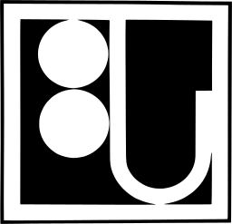 Mark 1498: Two white circles beside a U shaped slot inside a thin square frame. Japanese syllabary, hiragana, designed by Yukihiko Waida for Morinaga Communication Studio. Trademarks & Symbols Vol. 2, Kuwayama, 1973.