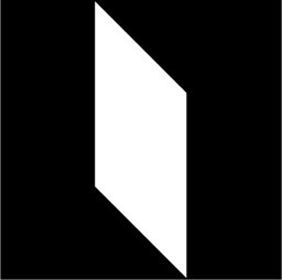 Mark 1499: Black square with a folded white diagonal slit like an open door. Japanese syllabary, hiragana, designed by Toshio Ito for Ishii Building Industry,Ltd. Trademarks & Symbols Vol. 2, Kuwayama, 1973.
