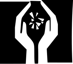 Mark 159: Two raised hands cupping a small flower bud, white on black blocks. Hands, designed by Saul Bass for SANE. Trademarks & Symbols Vol. 2, Kuwayama, 1973.