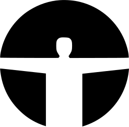 Mark 17: Black disc with a white figure whose arms stretch across a pale band. Human figures, designed by Shigeo Fukuda. Trademarks & Symbols Vol. 2, Kuwayama, 1973.