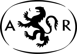 Mark 176: Rampant lion between the letters A and R inside a thin oval. Animals, designed by Milner Gray & Kenneth Lamble for Austin Reed. Trademarks & Symbols Vol. 2, Kuwayama, 1973.
