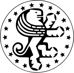 Mark 179: Lion made of banded lines inside a ring of small stars. Animals, designed by Honneger & Lavater. Trademarks & Symbols Vol. 2, Kuwayama, 1973.