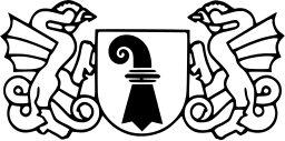 Mark 183: Shield with a crozier flanked by two dragons, drawn in fine lines. Animals, designed by Hermann Eidenbenz for Basel. Trademarks & Symbols Vol. 2, Kuwayama, 1973.