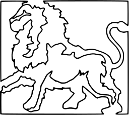 Mark 184: Lion walking, drawn as a contour with a ragged mane inside a thin square frame. Animals, for Nihon Pulp. Trademarks & Symbols Vol. 2, Kuwayama, 1973.