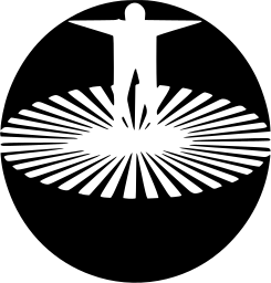 Mark 19: Black disc with a figure at the top, arms out, above white rays. Human figures, designed by Shigeo Fukuda for Japan Industrial Location Center. Trademarks & Symbols Vol. 2, Kuwayama, 1973.