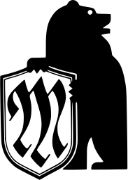 Mark 196: Bear standing beside a shield bearing a blackletter M. Animals, designed by Taijiro Nakayama for Manza Kanko Hotel. Trademarks & Symbols Vol. 2, Kuwayama, 1973.