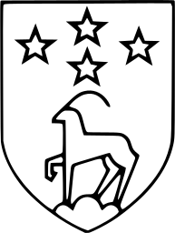 Mark 210: Shield with four stars above a standing goat on a cloud base. Animals, for Zinal. Trademarks & Symbols Vol. 2, Kuwayama, 1973.