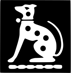 Mark 218: Seated spotted dog in white on a black square above a rope border. Animals, for A.Reeves Product. Trademarks & Symbols Vol. 2, Kuwayama, 1973.