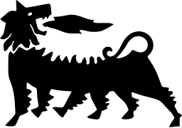Mark 222: Black dog in profile with six legs breathing a tongue of flame. Animals, designed by Firmeneigener Entwurf for Supercortemaggiore Benzin Serrizio Agip. Trademarks & Symbols Vol. 2, Kuwayama, 1973.