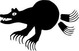 Mark 224: Clawed animal in black crouching with a tufted tail and open snarling mouth. Animals, designed by George Lois for Restaurant & Waldorf Associates, Inc. Trademarks & Symbols Vol. 2, Kuwayama, 1973.