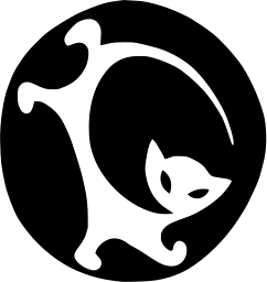 Mark 227: White cat peering from a black disc cut by sweeping white curves. Animals, designed by Stasa Blazkova. Trademarks & Symbols Vol. 2, Kuwayama, 1973.